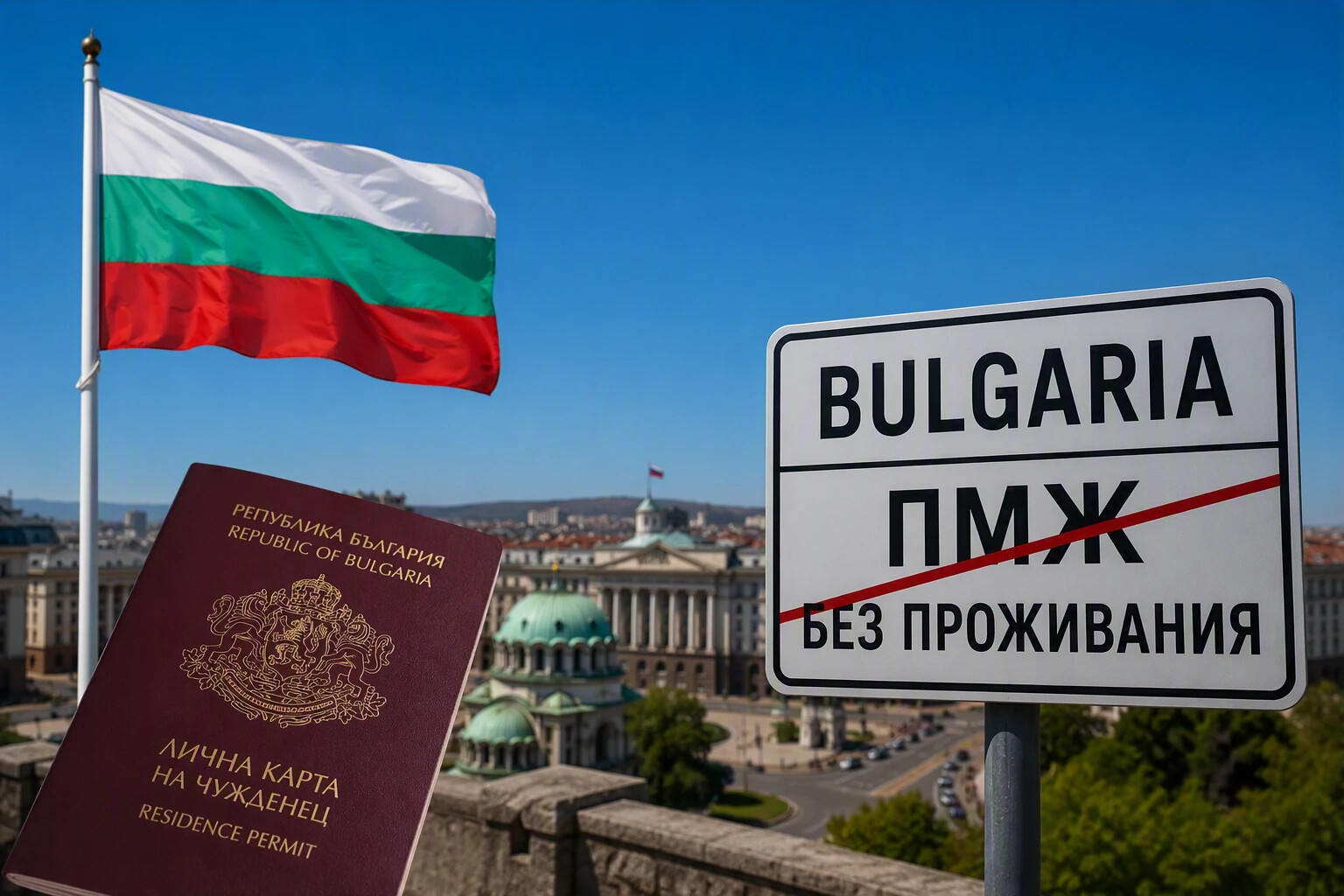 Болгарский флаг, паспорт с видом на жительство и дорожный знак BULGARIA / ПМЖ БЕЗ ПРОЖИВАНИЯ на фоне Софии